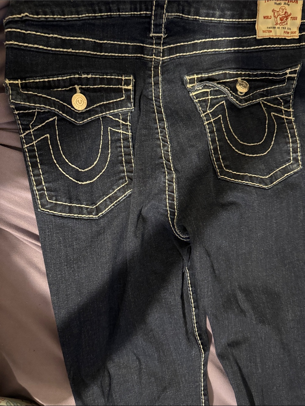 True Religion Dark Blue Bootcut Jeans with White Contrast Stitching - Picture 2 of 5